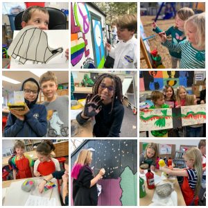 a collage of children creating art